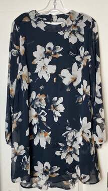 Cici Blue Floral Cottagecore Long Sleeve Lined Chiffon Mini Dress Women's Medium
